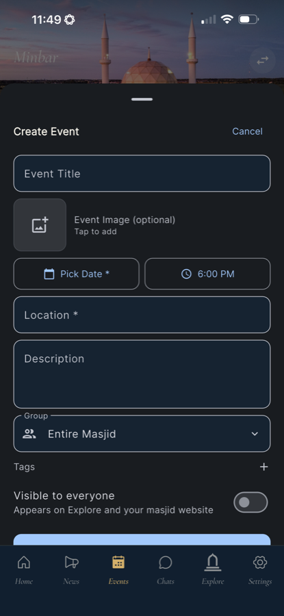 Admin mode in the Minbar app — Add details, hit save