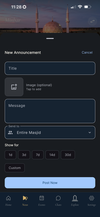 Admin mode in the Minbar app — Post announcement