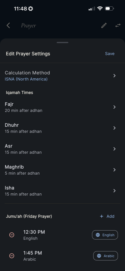 Admin mode in the Minbar app — Edit prayer times