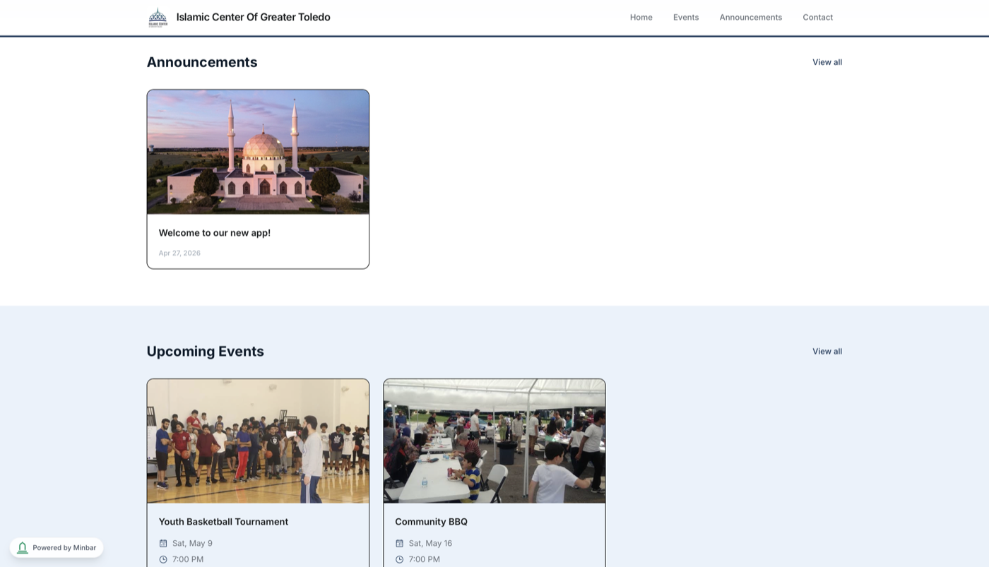 Live preview of a masjid's auto-generated Minbar website